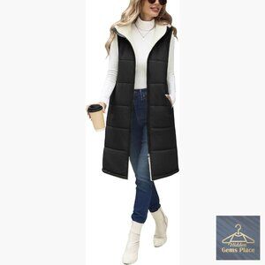 Long Sherpa-Lined Fleece Vest Sleeveless Quilted Jacket Hooded Pockets